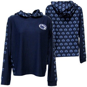 women's navy long sleeve hooded shirt with repeating Penn State Athletic Logo